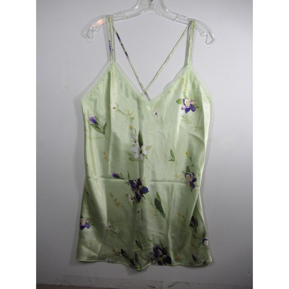 Vintage 90s California Miss Shiny Satin Chemise Nightgown Women Green Sleeveless